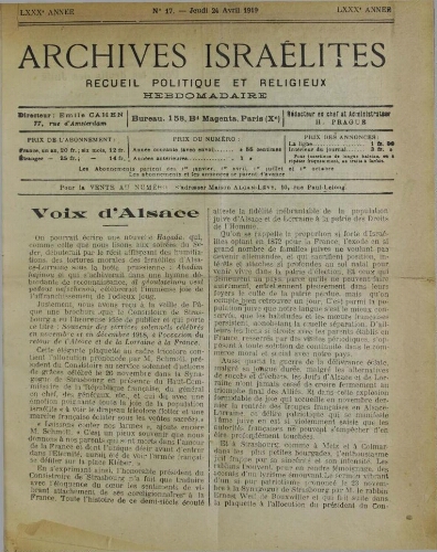 Archives israélites de France. Vol.80 N°17 (24 avr. 1919)